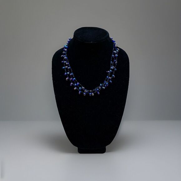 Boho Beaded Necklace Iridescent Purple Blue Glass Beads Layered Vintage Jewelry - Picture 6 of 7